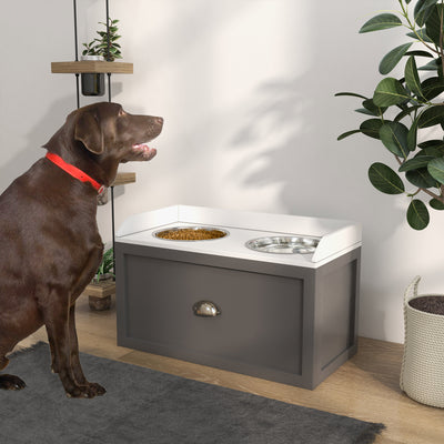 PawHut Stainless Steel Raised Dog Bowls, with 21L Storage Drawer for Large Dogs - Grey 