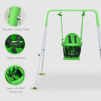 Outsunny Kids Swing, Steel Nursery Swing, with Seatbelt, High Support Back, Front Guard, for Ages 6-36 Months - Green 