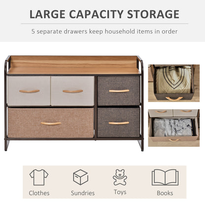 HOMCOM 5-Drawer Dresser, Linen Fabric Chest of Drawers, Dresser Tower Unit for Bedroom Hallway Entryway, Storage Organizer with Steel Frame Wooden Top 