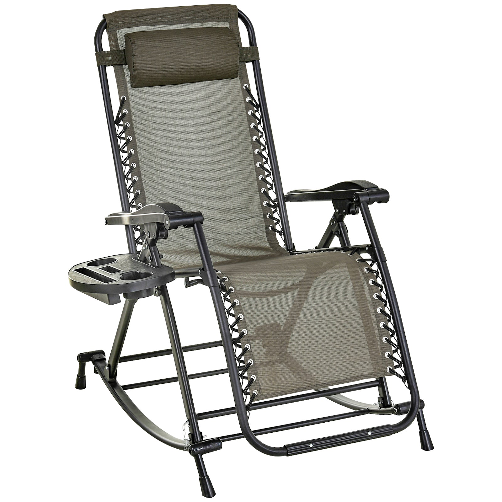 Outsunny Garden Rocking Chair Folding Recliner Outdoor Adjustable Sun Lounger Rocker Zero-Gravity Seat with Headrest Side Holder Patio Deck - Grey 