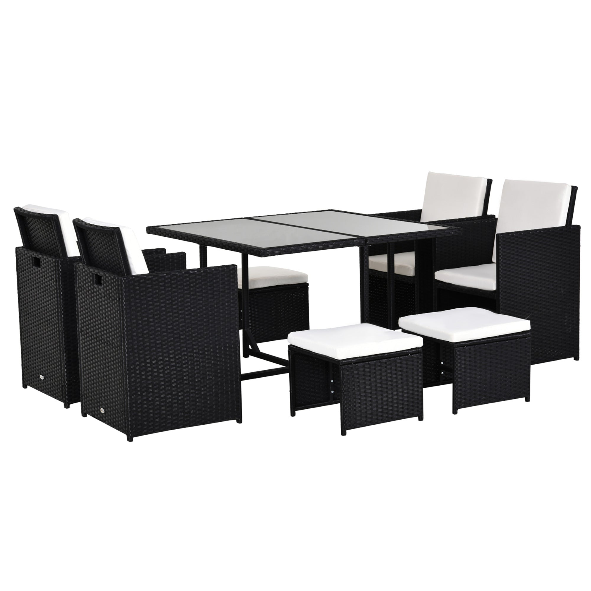 Outsunny 8 Seater Rattan Cube Garden Furniture Set, Rattan Dining Set with Cushions, Outdoor Dining Table and Chairs with 4 Armchairs, 4 Stools, Square Glass Top Table, Black 