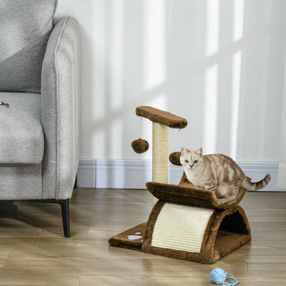 PawHut Cat Tree, Cat Tower for Kittens, Small Cat Condo with Rotatable Top Bar, Sisal Scratching Post, Tunnel, Dangling Balls - Brown 