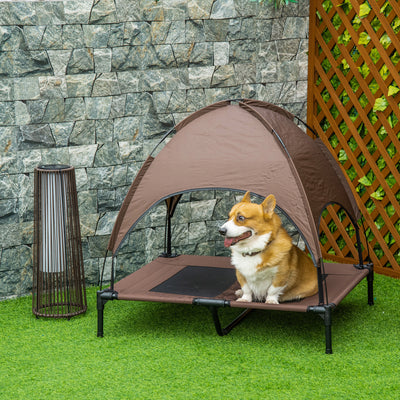 PawHut Raised Dog Bed Waterproof Elevated Pet Cot with Breathable Mesh UV Protection Canopy Coffee, for Large Dogs, 92 x 76 x 90cm 