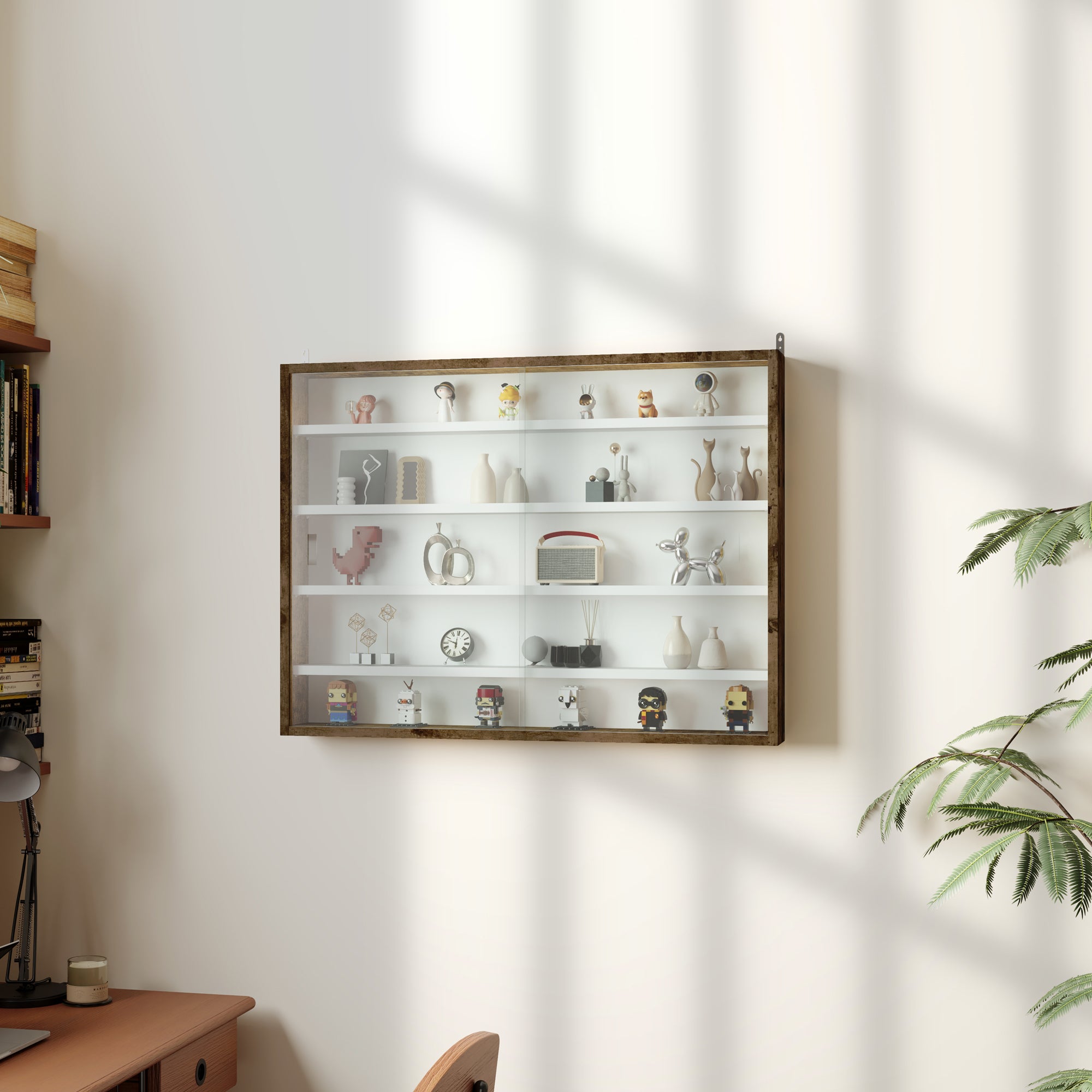HOMCOM 5-Tier Wall Display Shelf Unit Cabinet w/ 4 Adjustable Shelves Glass Doors Home Office Ornaments 60x80cm Rustic brown 