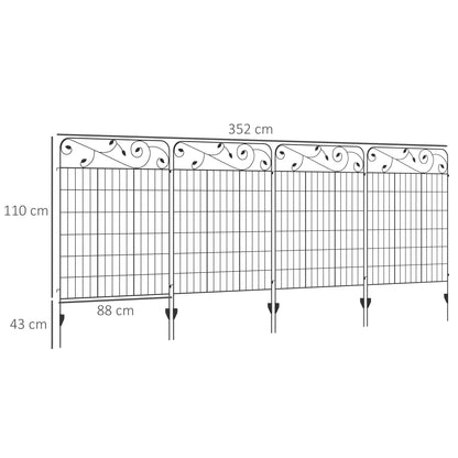 Outsunny Decorative Garden Fencing, 4PCs 43in x 11.5ft Outdoor Picket Fence Panels, Rustproof Metal Wire Landscape Flower Bed Border Edging Animal Barrier, Black 