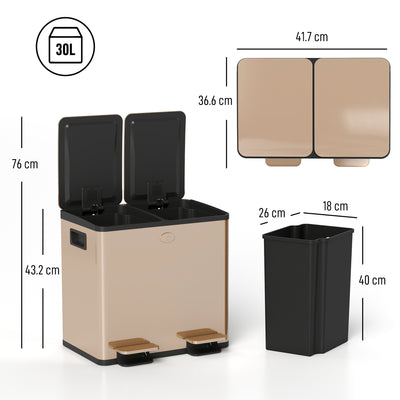 HOMCOM 30L Dual Compartment Stainless Steel Bin, with Deodoriser Holders - Gold Tone 