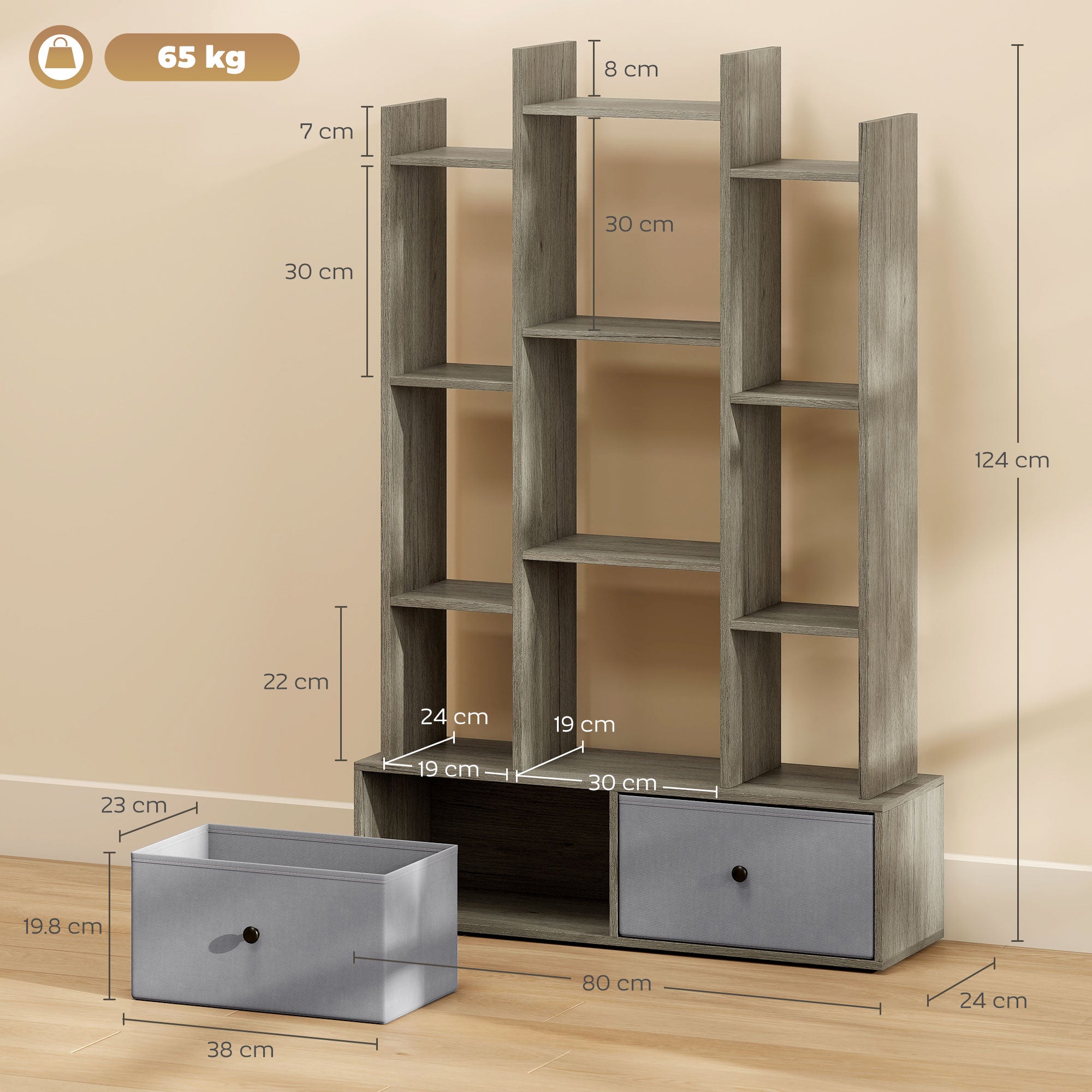 HOMCOM 12 Shelf Storage Unit, with Drawers - Graphite Wood Effect 