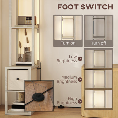 HOMCOM Floor Lamp with Shelves, LED Column Modern Standing Lamp with Fabric Drawer, Adjustable Brightness, Foot Switch for Living Room, Bedroom, Office, Oak 