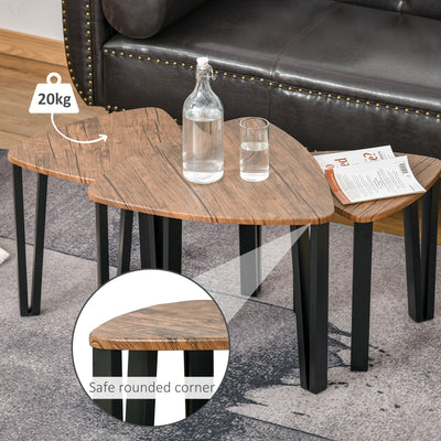 HOMCOM Nest of Tables, Coffee Table Set of 3, Triangle Nesting Tables with Metal Legs, Industrial End Side Table for Living Room, Walnut Wood Grain 
