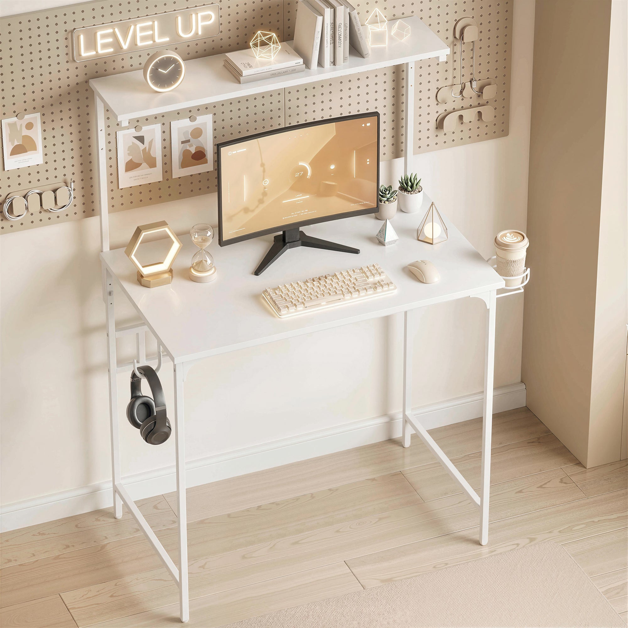 HOMCOM Computer Desk, 80cm Home Office Study Table with Hutch Shelf, Cup Holder, Headphone Hook, White 