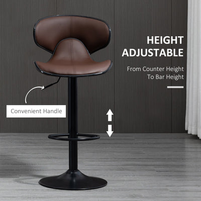 HOMCOM Adjustable Swivel Bar Stools Set of 2, Barstools with Footrest and Backrest, Steel Frame Gas Lift, for Kitchen Counter Dining Room, Brown 