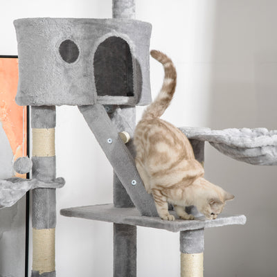 PawHut Floor to Ceiling Cat Tree for Indoor Cats, 240-260cm, Adjustable Height - Light Grey 