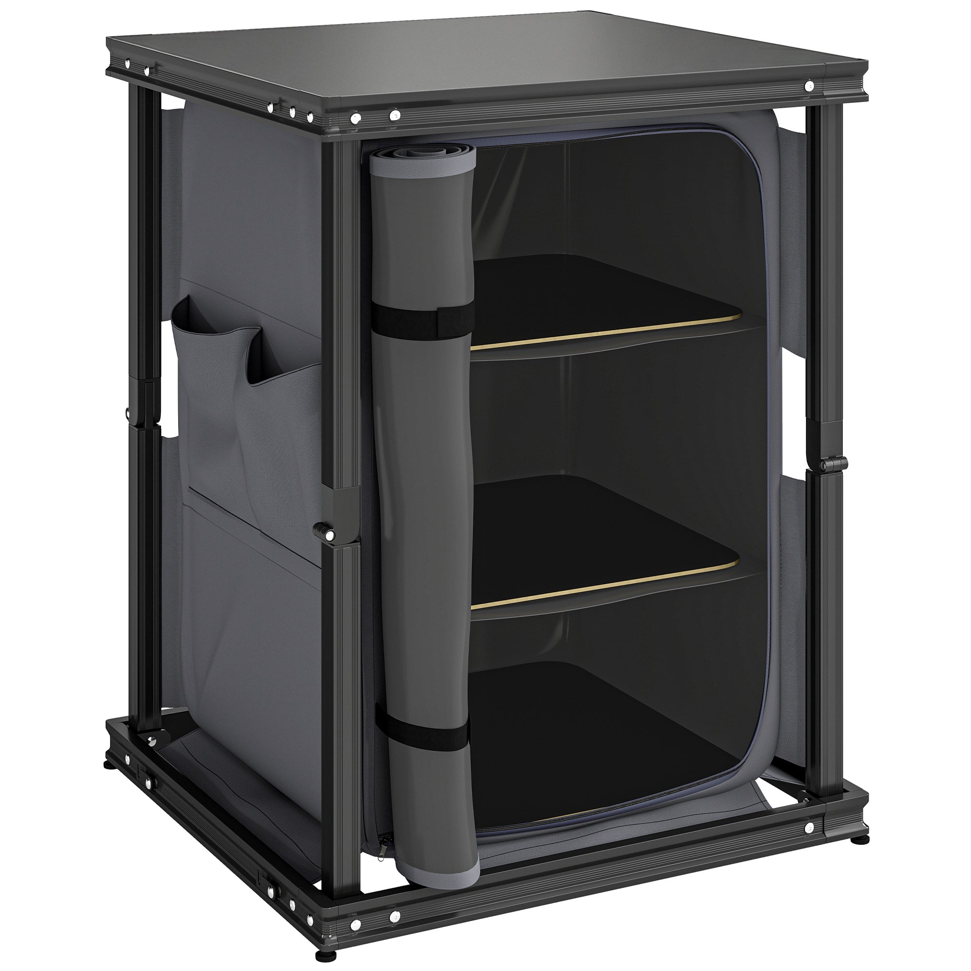 Outsunny Camping Camping Cupboards, Folding Portable Kitchen Table with 3-Tier Storage, Black 