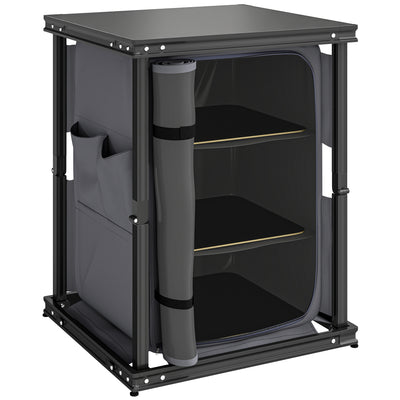 Outsunny Camping Camping Cupboards, Folding Portable Kitchen Table with 3-Tier Storage, Black 