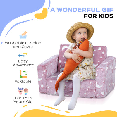 AIYAPLAY 2 in 1 Kids Folding Bed Armchair with Glow in The Dark Cosmic Design, Washable Cushion and Cover, Pink 