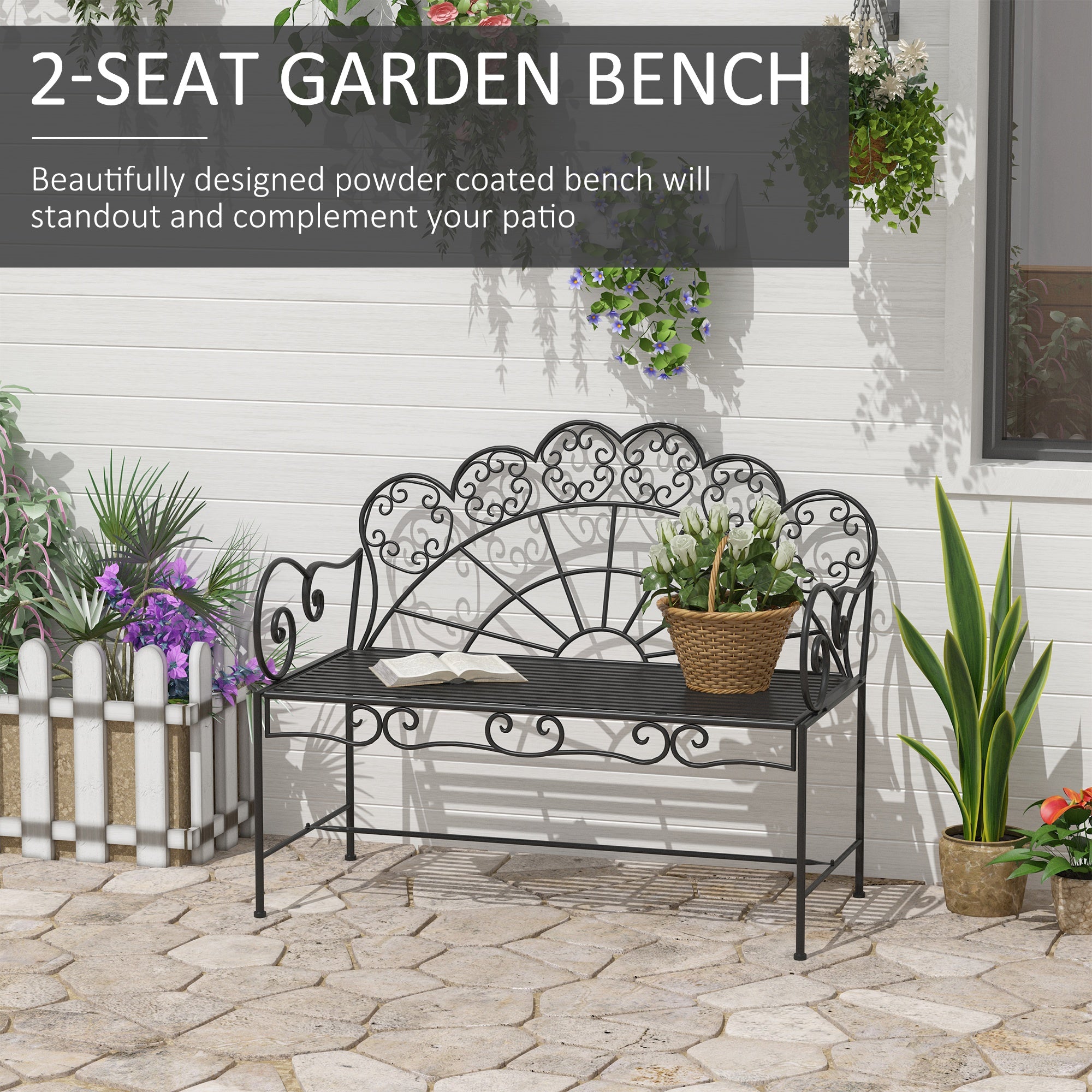 Outsunny Metal Garden Bench Loveseat with Slatted Seat, Black 