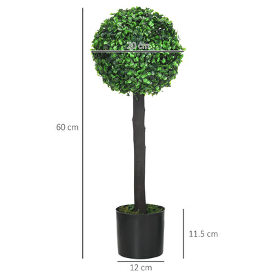 HOMCOM Set of 2 Artificial Plants Boxwood Ball Trees in Pot Fake Plants for Home Indoor Outdoor Decor, 20x20x60cm, Green 