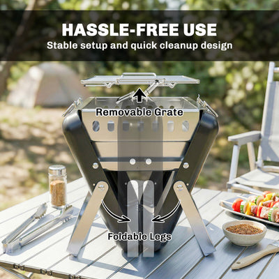 Outsunny Charcoal BBQ Grill Portable Stainless Steel Barbecue with Tilting Grate for Camping Picnic Garden Black 