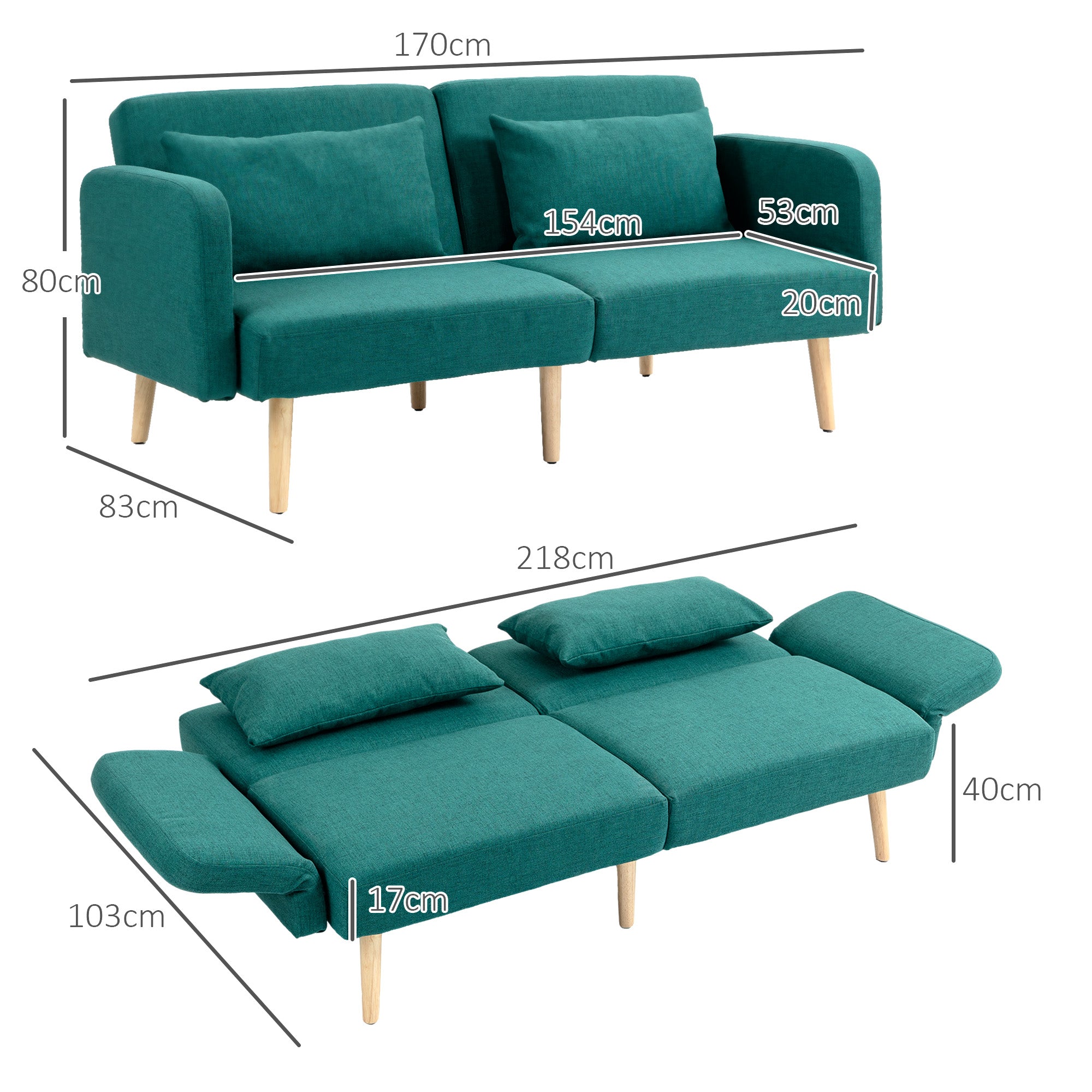HOMCOM 2/3 Seater Sofa Bed, Convertible Bed Settee, Fabric Sofa Couch with 2 Cushions for Living Room, Guest Room, Green 