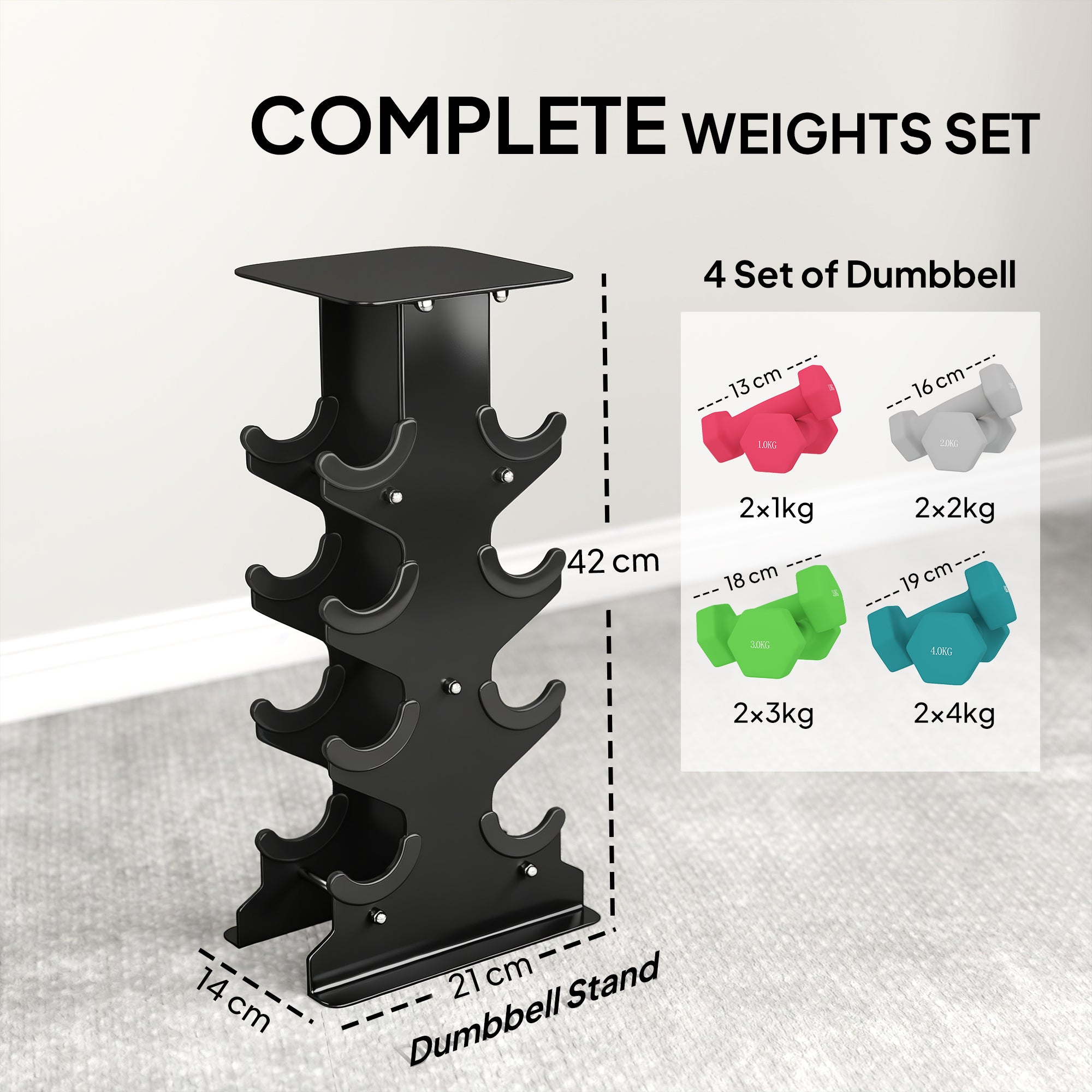 SPORTNOW Hex Dumbbells Set with Dumbbell Rack, Hand Weights for Home Gym Strength Training, 2 x 1kg, 2 x 2kg, 2 x 3kg, 2 x 4kg 