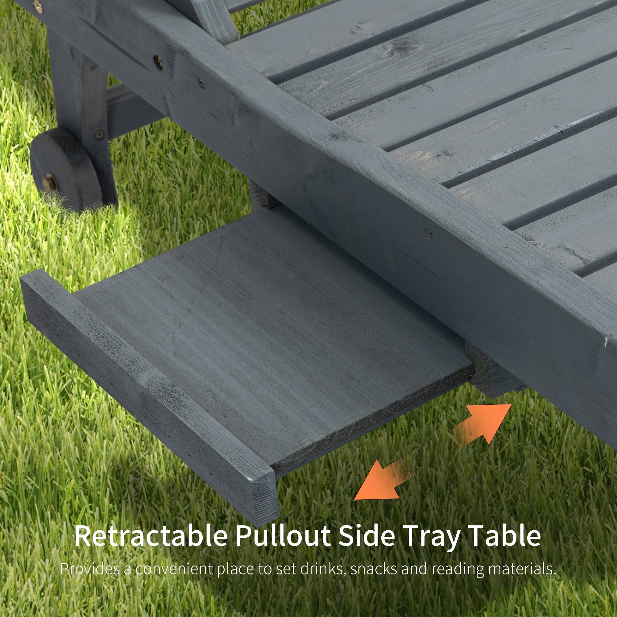 Outsunny Garden Patio Sun Lounger, Outdoor Wooden Sun Bed with Built-In Table, Reclining Backrest and Rolling Wheels for Sunbathing, Grey 