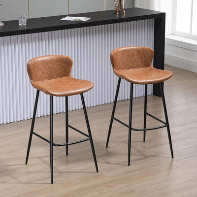HOMCOM Bar Stools Set of 2, PU Leather Upholstered Bar Chairs, Kitchen Stools with Backs and Steel Legs for Dining Room, Brown 