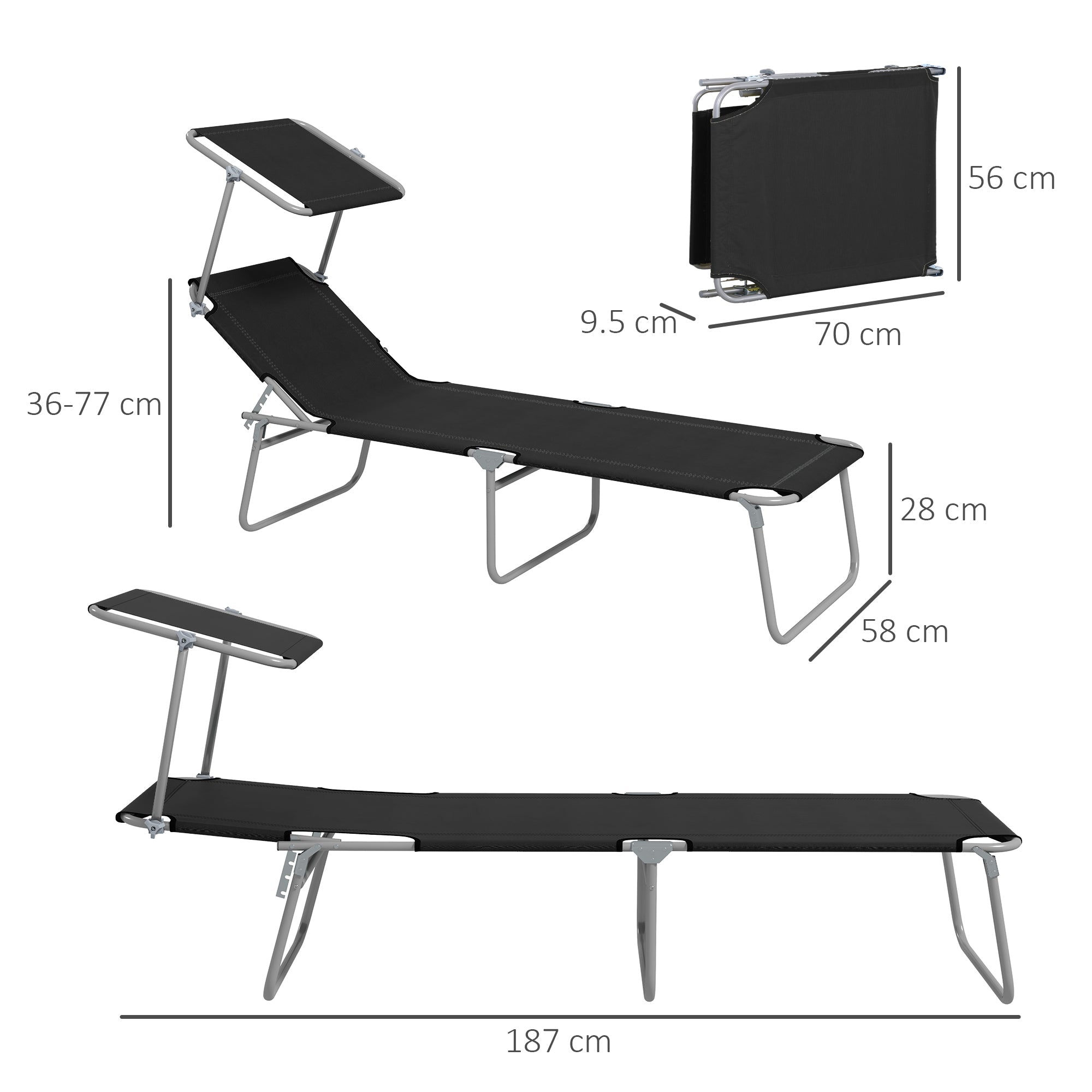 Outsunny Foldable Sun Lounger Set of 2 with Sun Shade & Adjustable Backrest - Black 