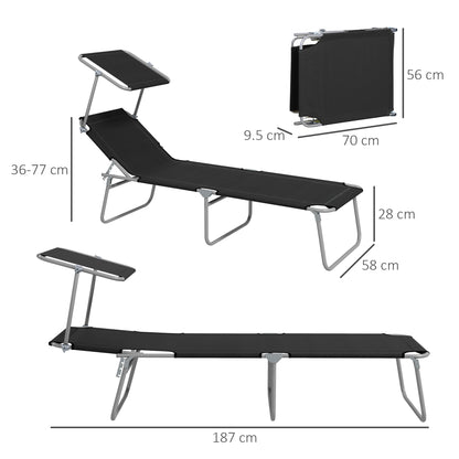 Outsunny Foldable Sun Lounger Set of 2 with Sun Shade & Adjustable Backrest - Black 