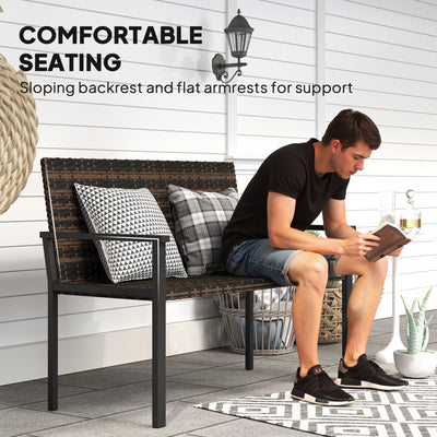 Outsunny 2 Seater Rattan Garden Bench, Outdoor Bench with Quick-Drying Cotton Padding, Wicker Garden Loveseat with Armrests, Steel Frame for Patio, Park, Mixed Brown 