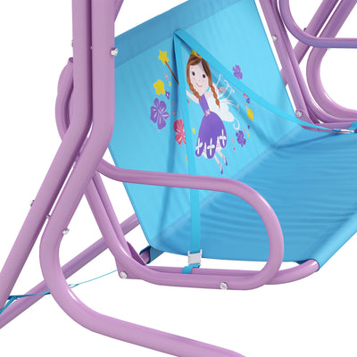 Outsunny Two Seater Kids Garden Swing, Fairy Themed kids Swing Chair with Adjustable Canopy, Safety Belts for Outdoor Use 