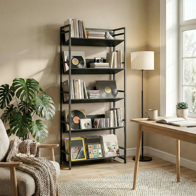 HOMCOM Bookshelf 5-Tier Metal Frame Bookcase Storage Shelves for Living Room Black 