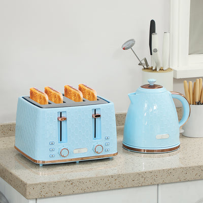 HOMCOM Kettle and Toaster Set, 1.7L 3000W Fast Boil Jug Kettle, 4 Slice Toaster with 7 Level Browning Controls, Light Blue 