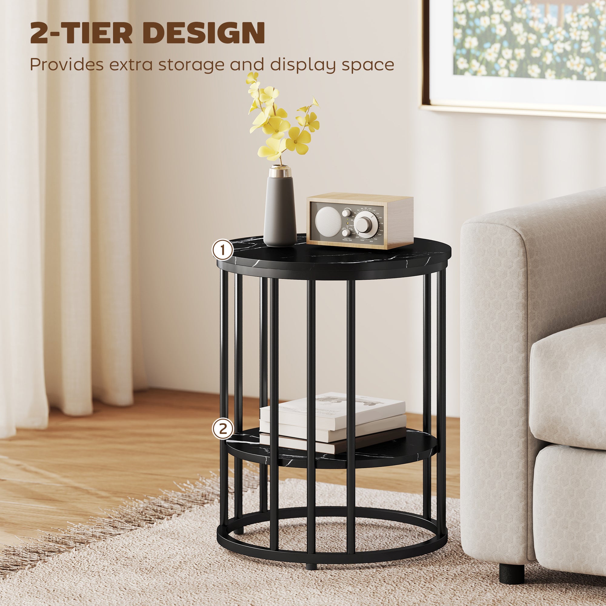 HOMCOM Set of Two Marble-Effect Coffee Tables - Black 