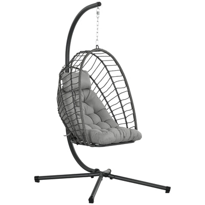 Outsunny Outdoor PE Rattan Swing Chair with Cushion, Garden Foldable Basket Patio Hanging Egg Chair with Metal Stand, Headrest, for Indoor and Outdoor, Light Grey 