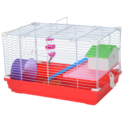PawHut Hamster Cage, Small Gerbil Cage 2 Tiers Portable w/ Handle, Exercise Wheel, Water Bottle, Dishes 