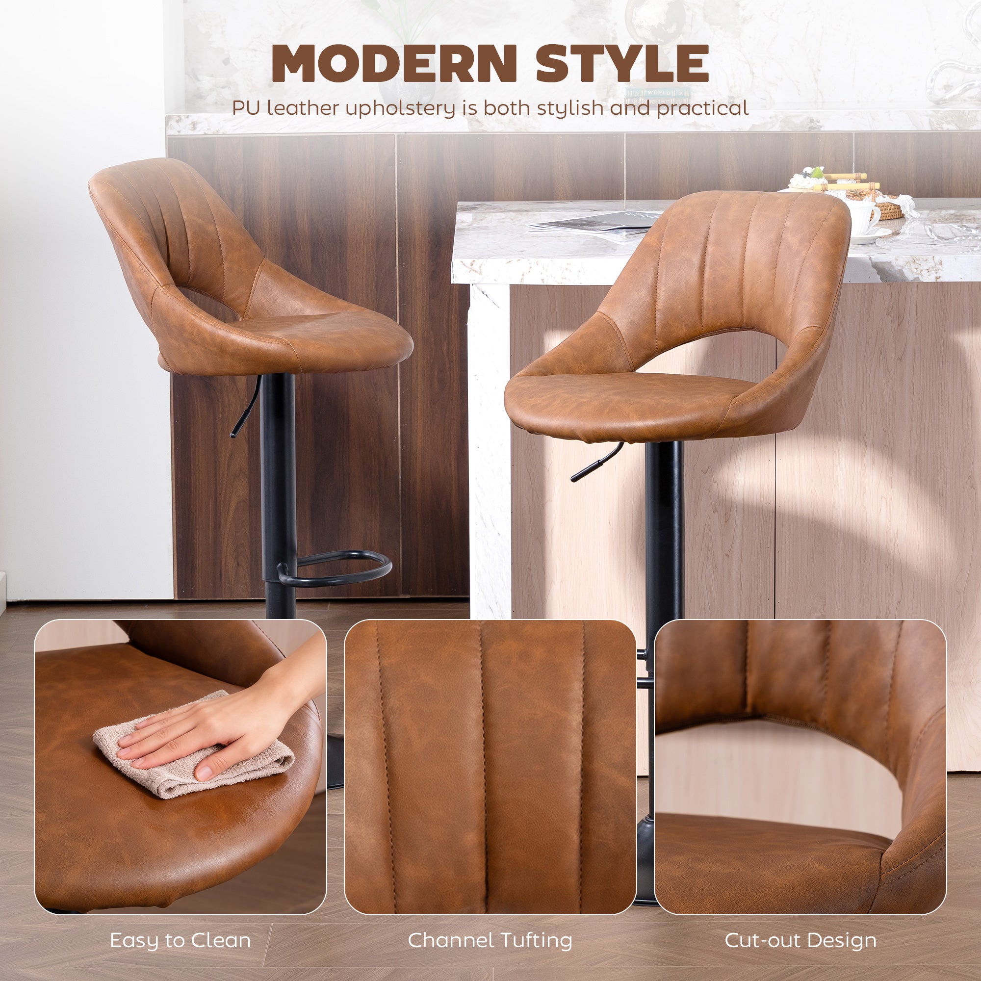 HOMCOM Bar Stools Set of 2, PU Leather Swivel Barstools with Backrest and Footrest for Kitchen, Counter, Breakfast Bar, Brown 