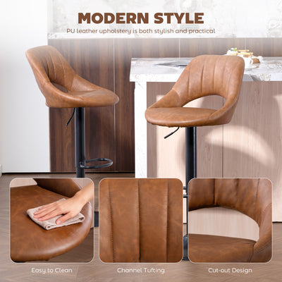 HOMCOM Bar Stools Set of 2, PU Leather Swivel Barstools with Backrest and Footrest for Kitchen, Counter, Breakfast Bar, Brown 