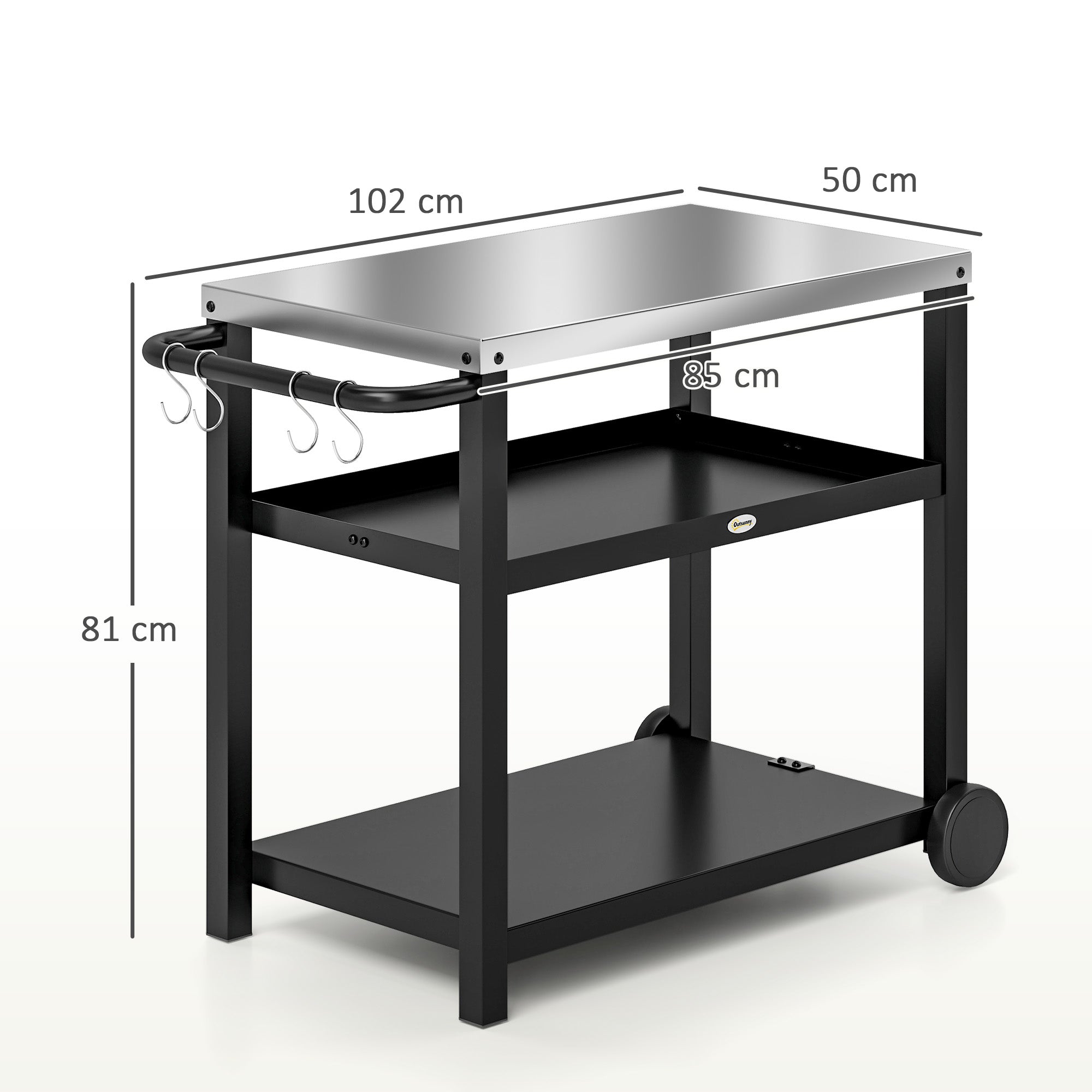 Outsunny Outdoor Grill Dining Cart 3-Shelf Movable Pizza Oven Table Stand with Stainless Steel Top, Portable BBQ Trolley Food Prep Outdoor Kitchen BBQ Station with Hooks Wheels Handle, Charcoal Grey 