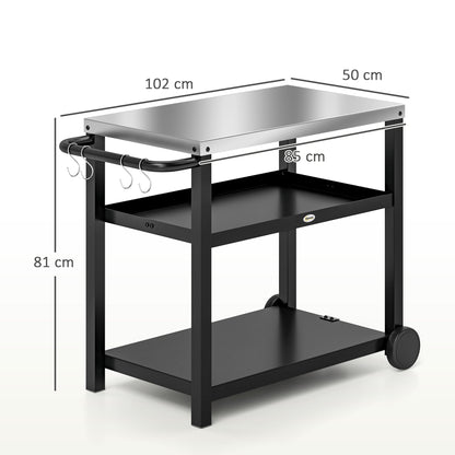 Outsunny Outdoor Grill Dining Cart 3-Shelf Movable Pizza Oven Table Stand with Stainless Steel Top, Portable BBQ Trolley Food Prep Outdoor Kitchen BBQ Station with Hooks Wheels Handle, Charcoal Grey 