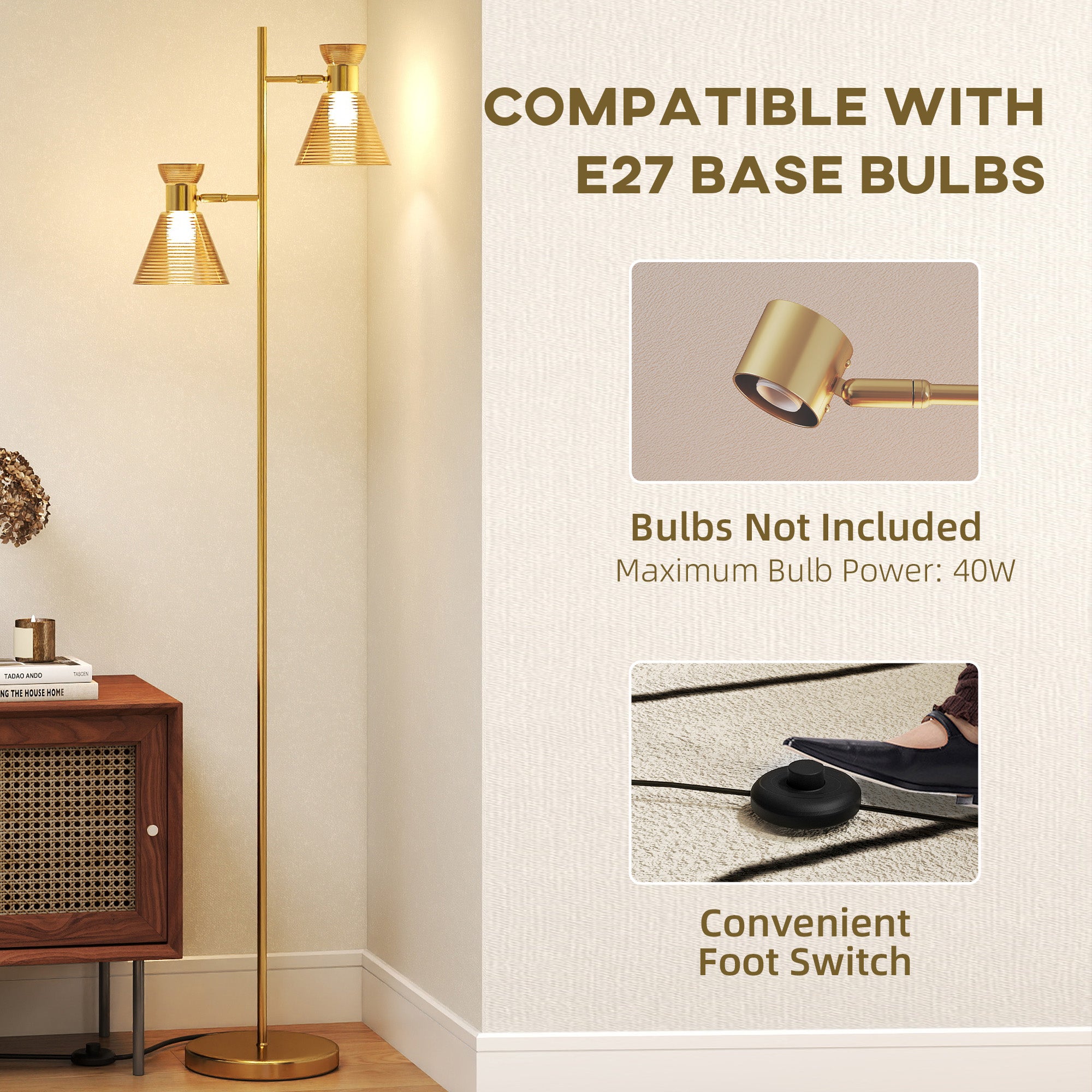 HOMCOM Floor Lamp with Adjustable Dual Head, Modern Standing Lamp with Floral Glass Shades and Foot Switch for Living Room Bedroom, E27 Socket, Bulb Not Included, Gold Tone 