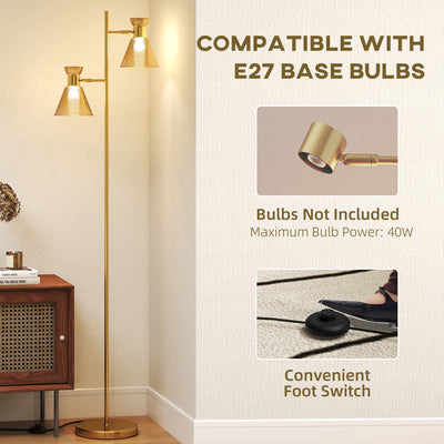 HOMCOM Floor Lamp with Adjustable Dual Head, Modern Standing Lamp with Floral Glass Shades and Foot Switch for Living Room Bedroom, E27 Socket, Bulb Not Included, Gold Tone 