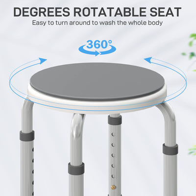 HOMCOM 360° Swivel Shower Chair, Height Adjustable Aluminium Shower Stool with Non-Slip Feet for Disabled, Elderly, Grey 