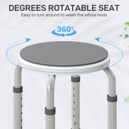 HOMCOM 360° Swivel Shower Chair, Height Adjustable Aluminium Shower Stool with Non-Slip Feet for Disabled, Elderly, Grey