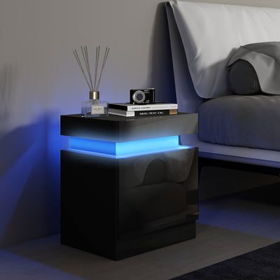 HOMCOM Black Bedside Table with LED Light, High Gloss Front Nightstand with 2 Drawers, for Living Room, Bedroom 