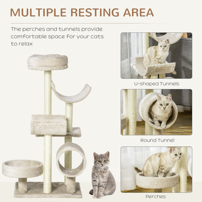 PawHut Cat Tree for Indoor Cats Kitten Pet Scratching Post Perch Activity Center Scratcher Climb Post Play House Arch with Tunnel 105cm Tall Beige 