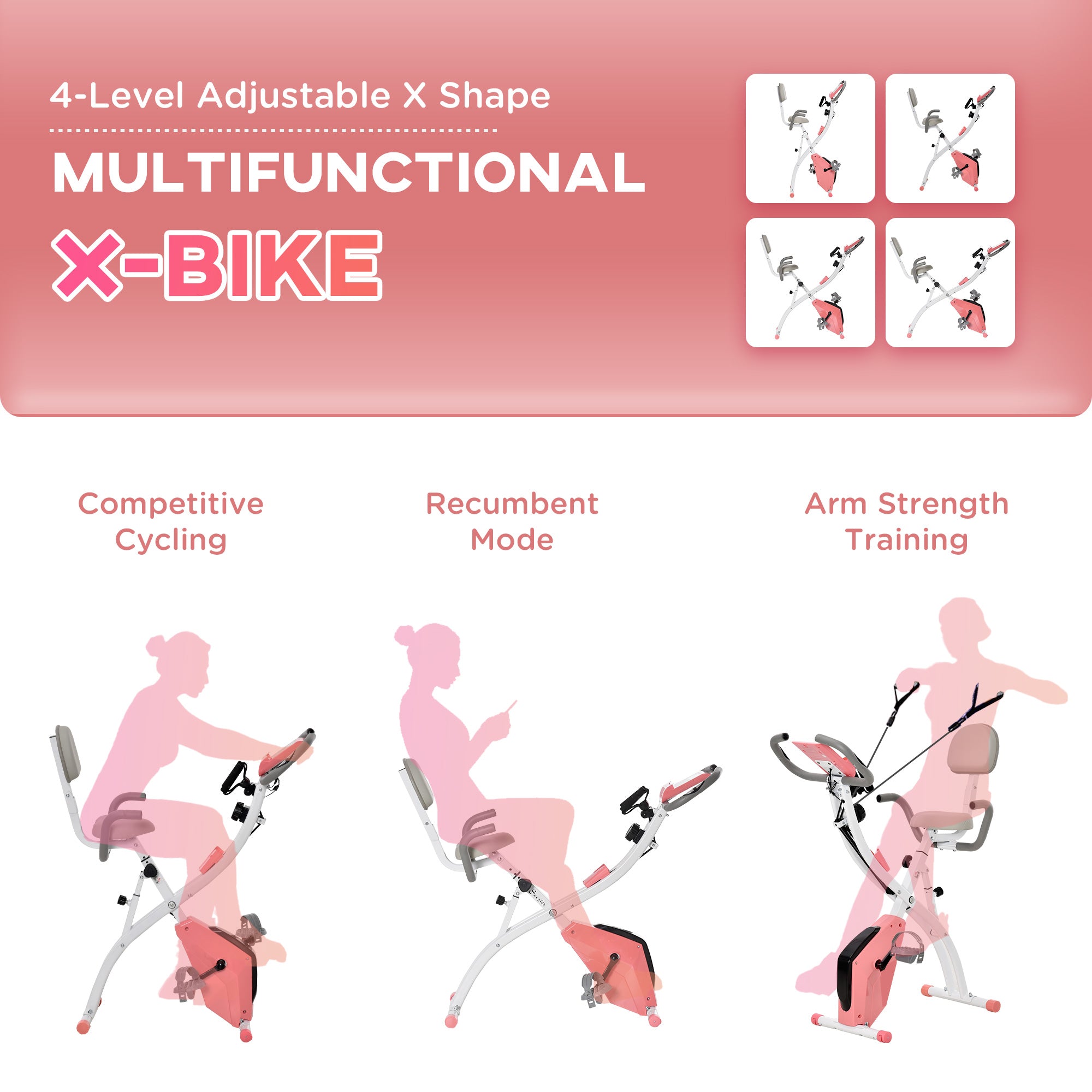 HOMCOM 2-in-1 Folding Exercise Bike with 8-Level Magnetic Resistance, Arm Resistance Band, Pulse Sensor, Pink 