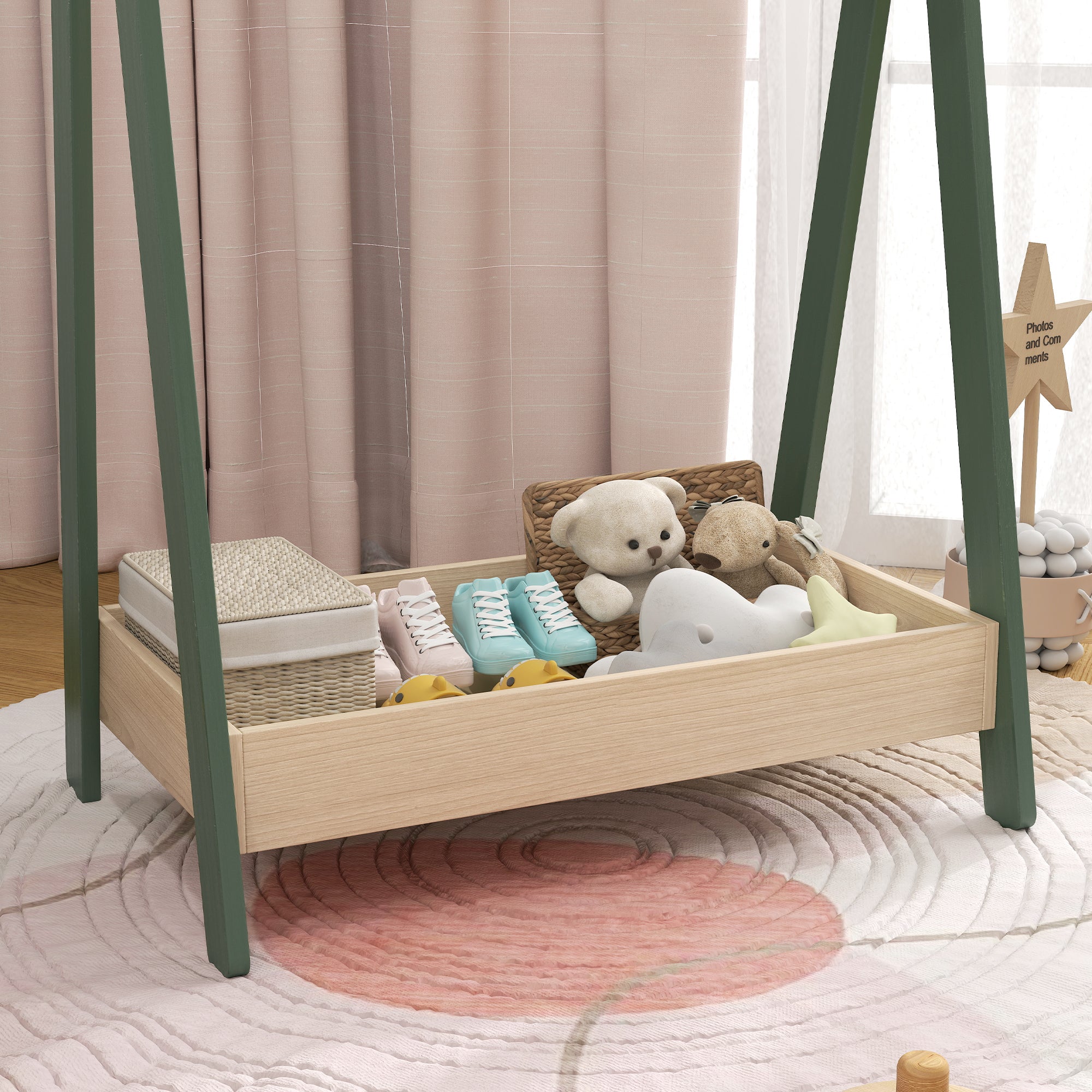 AIYAPLAY Kids Clothes Rail with 3Hangers, Bottom Storage Shelf for Girls, Boys, Nursery, Bedroom, Green 