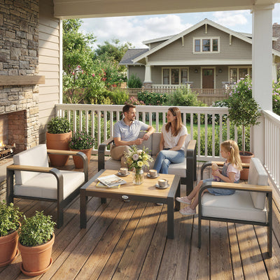 Outsunny 4 Seater Aluminium Garden Furniture Set, Olefin Cushions, Garden Sofa Set with Loveseat, Armchairs, Table, Beige 