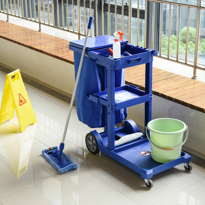 HOMCOM Janitor Cleaning Trolley, with Bin, Shelves and Hooks - Blue 