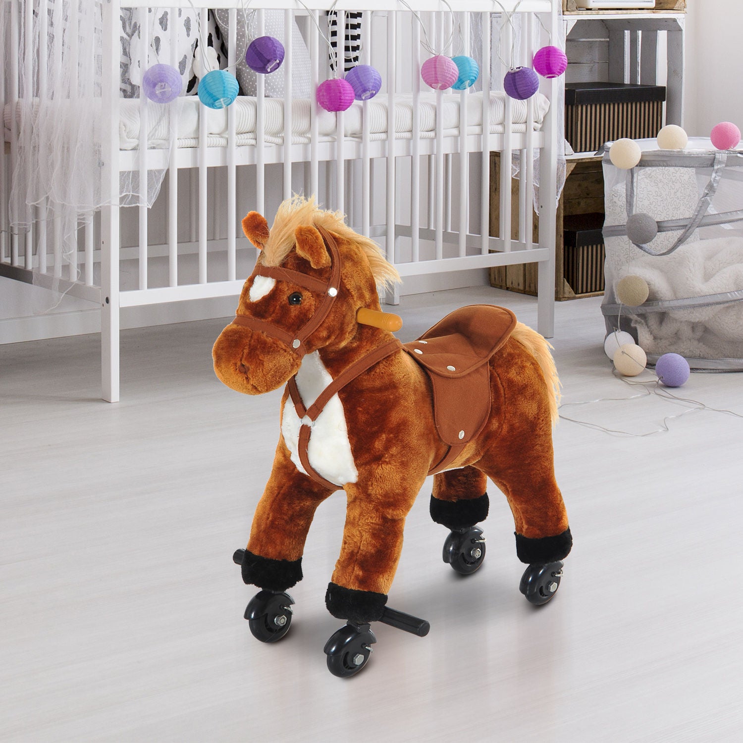 HOMCOM Rocking Horse Kids Ride on Walking Horse Animal Pony Wheeled Riding Plush Toy w/Sound for 3 Years and Up (Brown) 